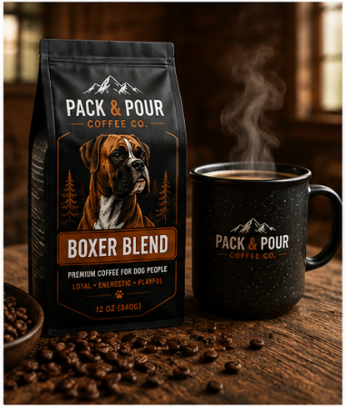 A black bag of Pack & Pour Coffee Co. Boxer Blend dog coffee stands next to a black speckled mug filled with steaming coffee on a rustic wooden table, with coffee beans scattered around.