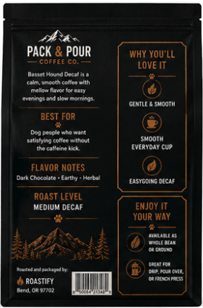 Back of a black coffee bag from Pack & Pour Coffee Co., showing product details, flavor notes, roast level, and Roastify branding on a black background.