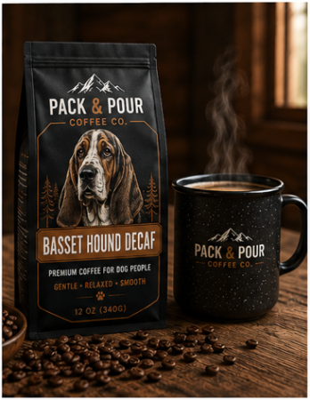 A bag of Pack & Pour Coffee Co. Basset Hound Decaf coffee stands next to a matching black speckled mug on a wooden table, with scattered coffee beans and a warm, rustic background.