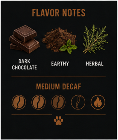 A black informational graphic for a pet product with the title 'FLAVOR NOTES' in tan text. It shows illustrations of dark chocolate blocks, earthy brown powder with green leaves, and a green herb sprig labeled 'DARK CHOCOLATE', 'EARTHY', and 'HERBAL'.