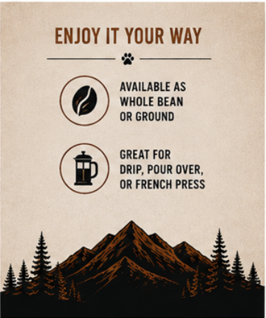 An informational graphic with the headline 'ENJOY IT YOUR WAY' on a tan background, showing text that the product is available as whole bean or ground coffee and is suitable for drip, pour over, or French press. A dark brown mountain and pine tree silhouette decorate the bottom.