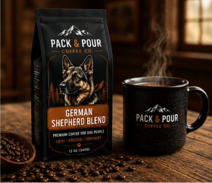 A 12 oz bag of Pack & Pour Coffee Co. German Shepherd Blend coffee stands next to a black speckled ceramic mug filled with steaming coffee on a rustic wooden table, with coffee beans scattered around and a warm, blurred indoor background.