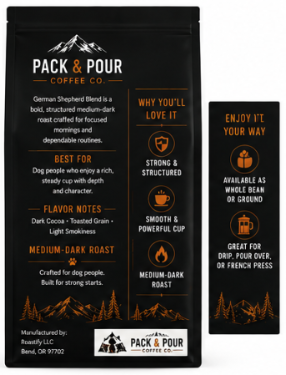 Pack & Pour Coffee Co. medium-dark roast dog food pouch shown on a white background, alongside a smaller vertical card with usage and flavor information.