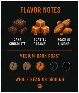 A flavor profile graphic for a coffee product on a black background. It shows illustrated dark chocolate, toasted caramel, and roasted almond icons under the heading 'FLAVOR NOTES,' plus coffee bean roast and whole bean/ground style icons labeled 'MEDIUM-DARK ROAST' and 'WHOLE BEAN OR GROUND.
